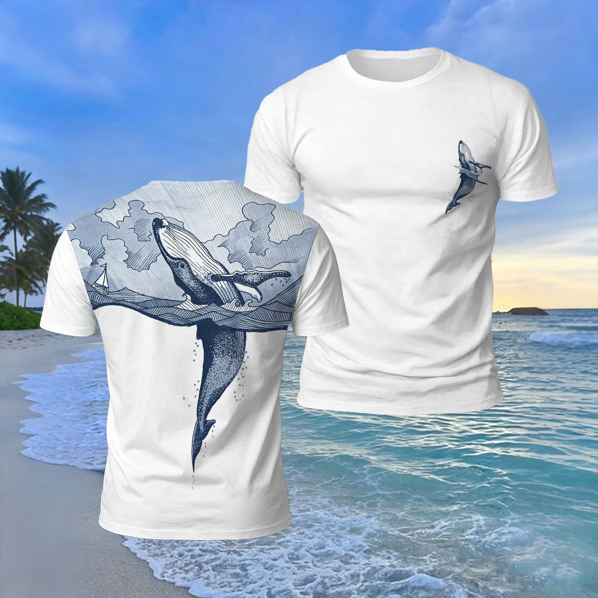 Ocean Whale Back Print Casual Cotton T-Shirt White 2