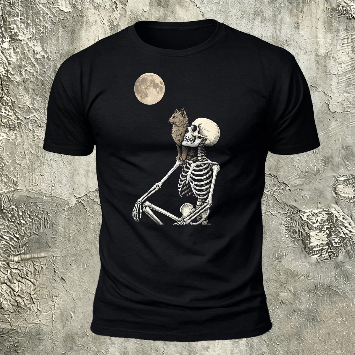 White Skull Moon-Print Casual Cotton T-Shirt