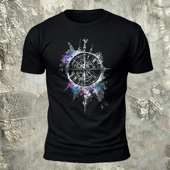 Compass Art Graphic 100% Cotton Casual T-Shirt Black