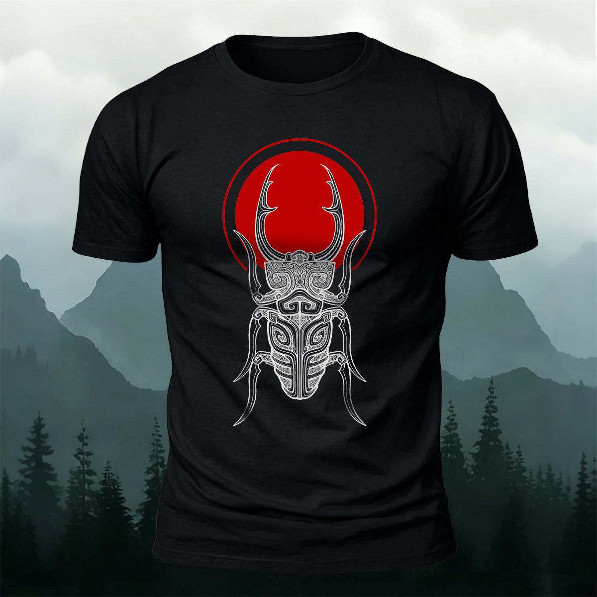 Retro Sketched Beetle Print Outdoor Comfort Cotton T-Shirt