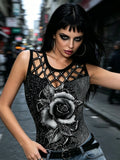 Wish3D Rose-Patterned Openwork Rhinestone Crop Top
