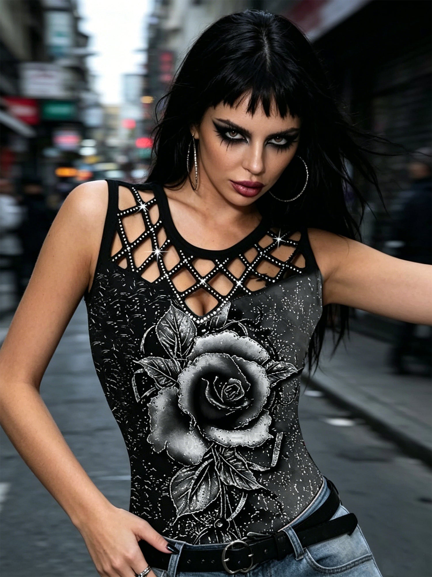 Wish3D Rose-Patterned Openwork Rhinestone Crop Top