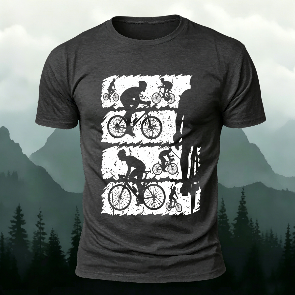 Mountain Bike Print Outdoor Style Soft Cotton T-Shirt Dark Grey