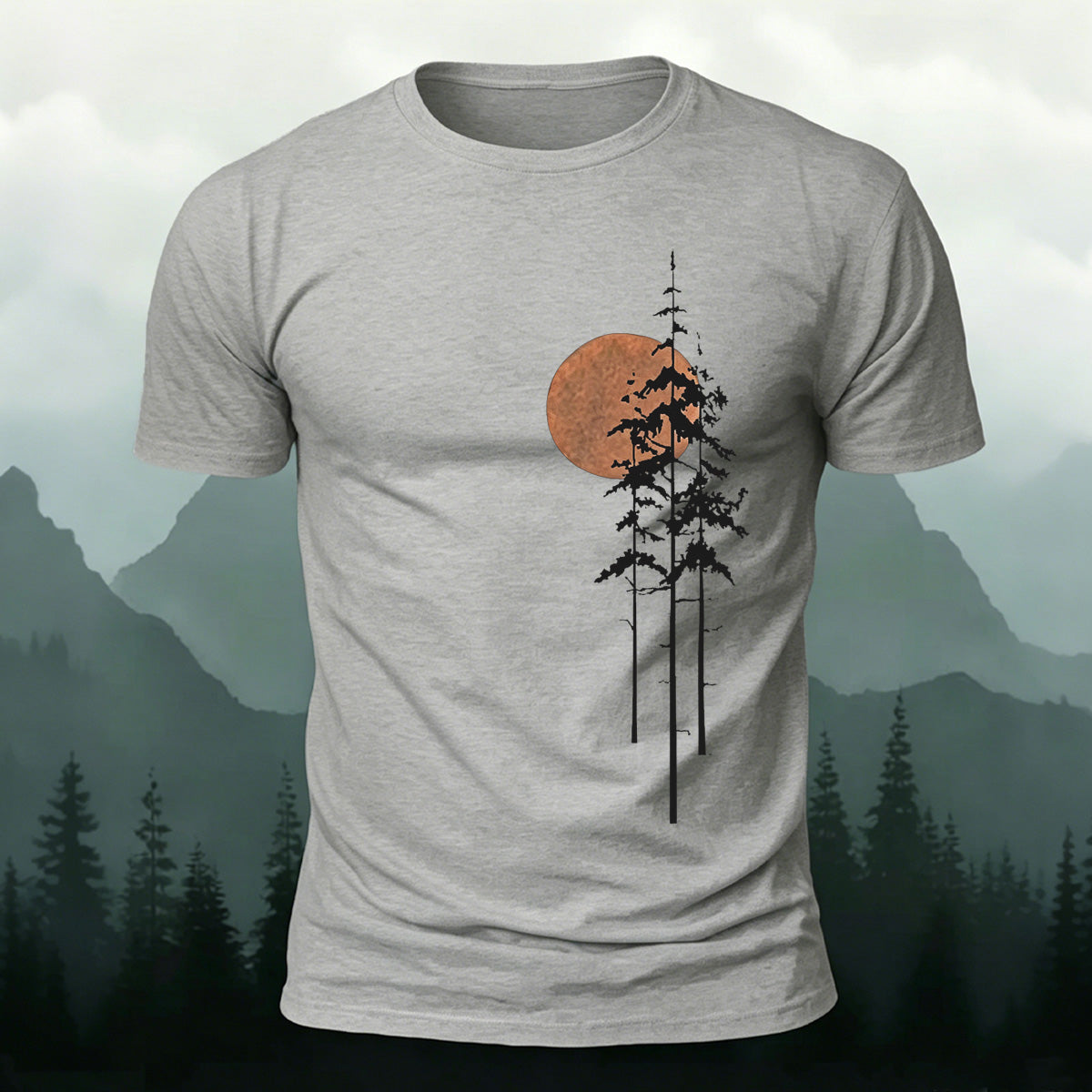 Retro Sunset Pine Tree Print Cotton T-Shirt Grey