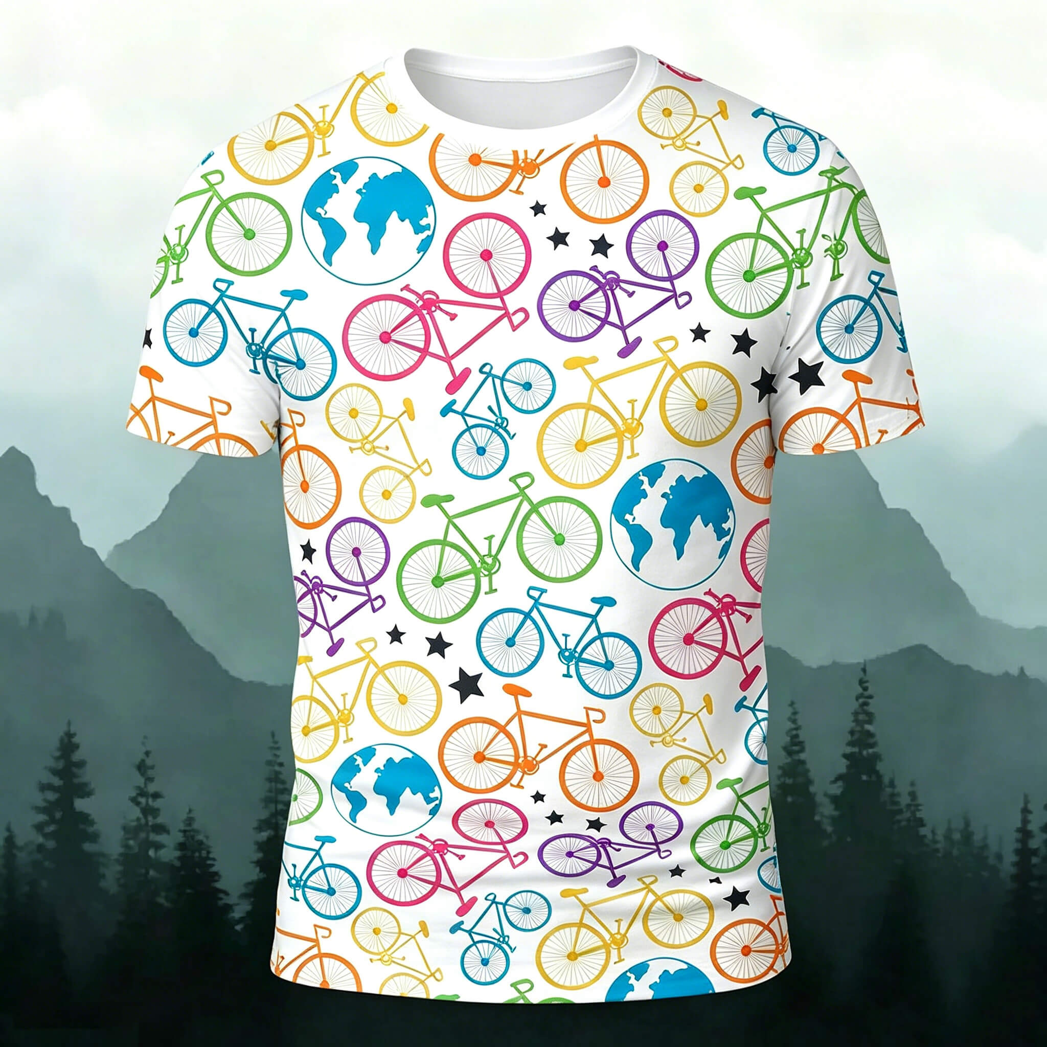 Colorful Bicycle Earth Graphic Casual Comfortable Tee White 1