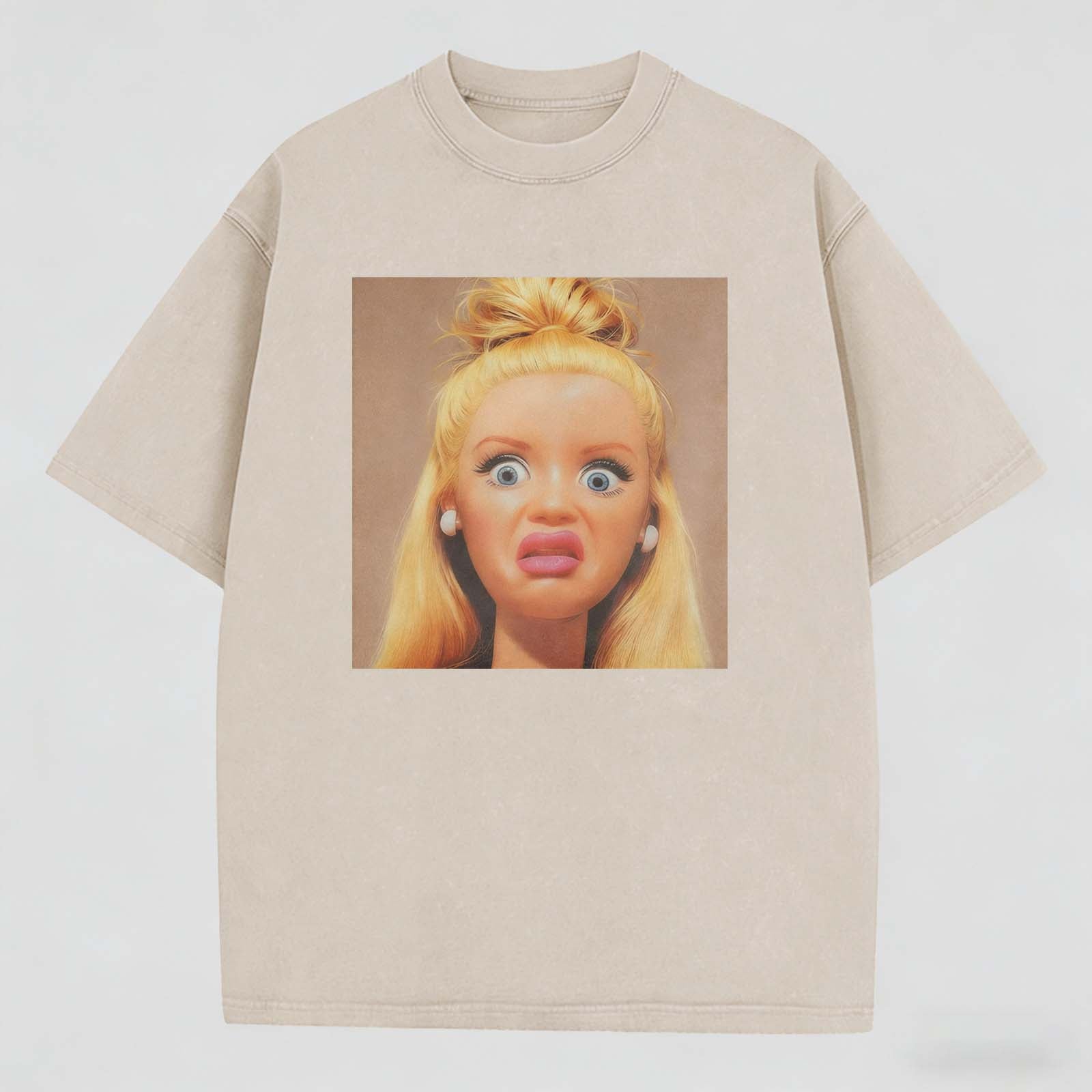 Shocked Face Print Washed Cotton Crew Neck T-Shirt