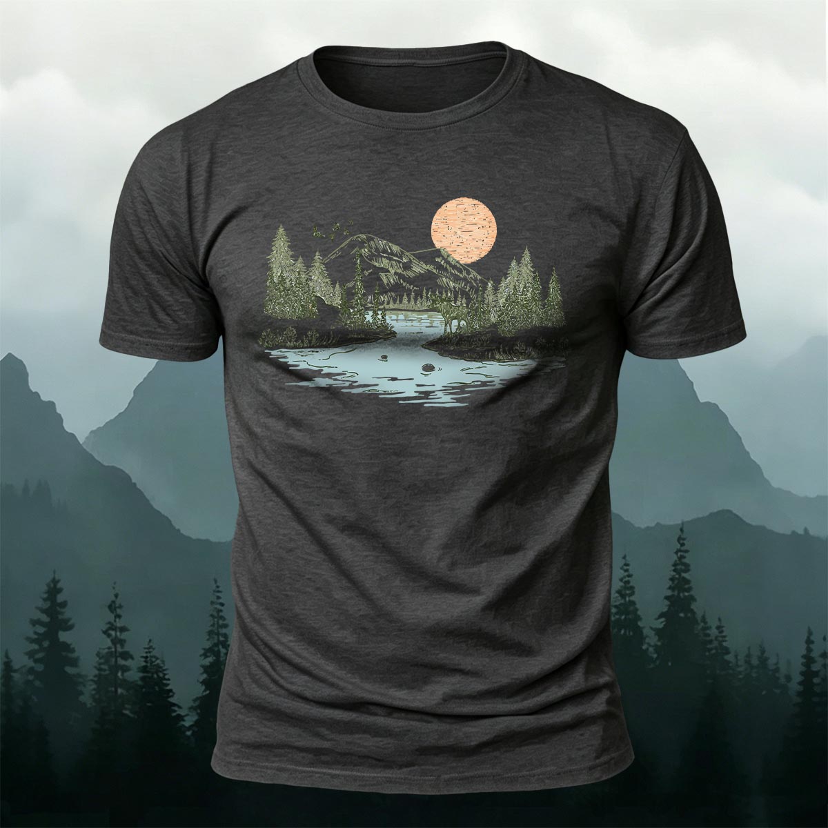 Sunrise Mountain Scenery Illustration Print Casual Cotton T-Shirt