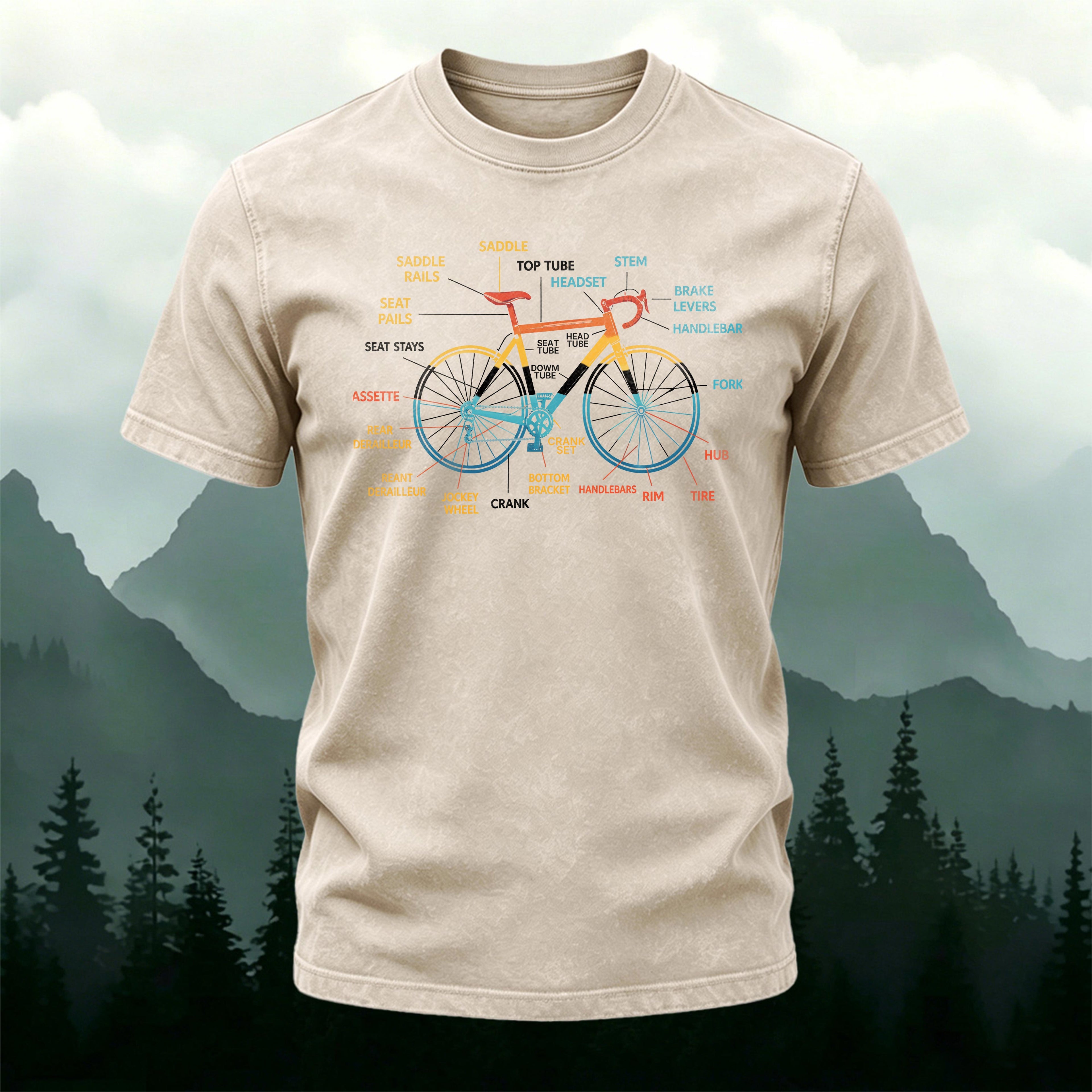 Bicycle Motif Printed Casual Washed Cotton T-Shirt