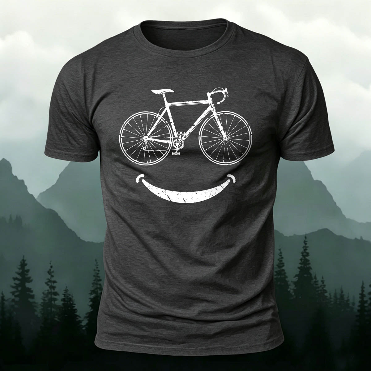 Fun Bicycle Smile Print Sports Casual Cotton T-Shirt Dark Grey