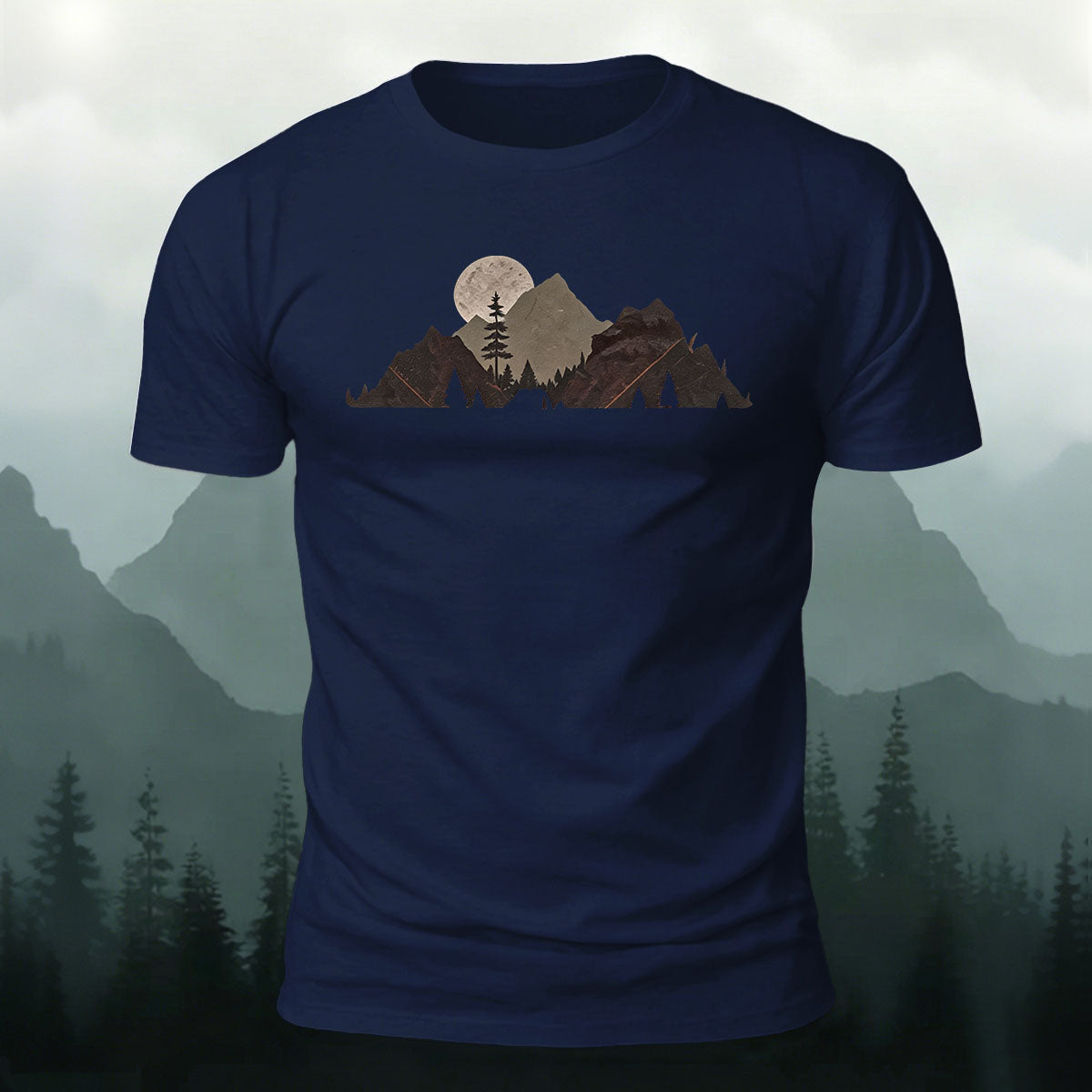 Mountain Landscape Pattern Natural Style Casual T-Shirt Navy
