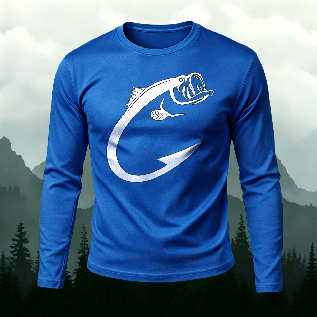 Fun Fish Hook Print Casual Long-Sleeve Cotton T-Shirt