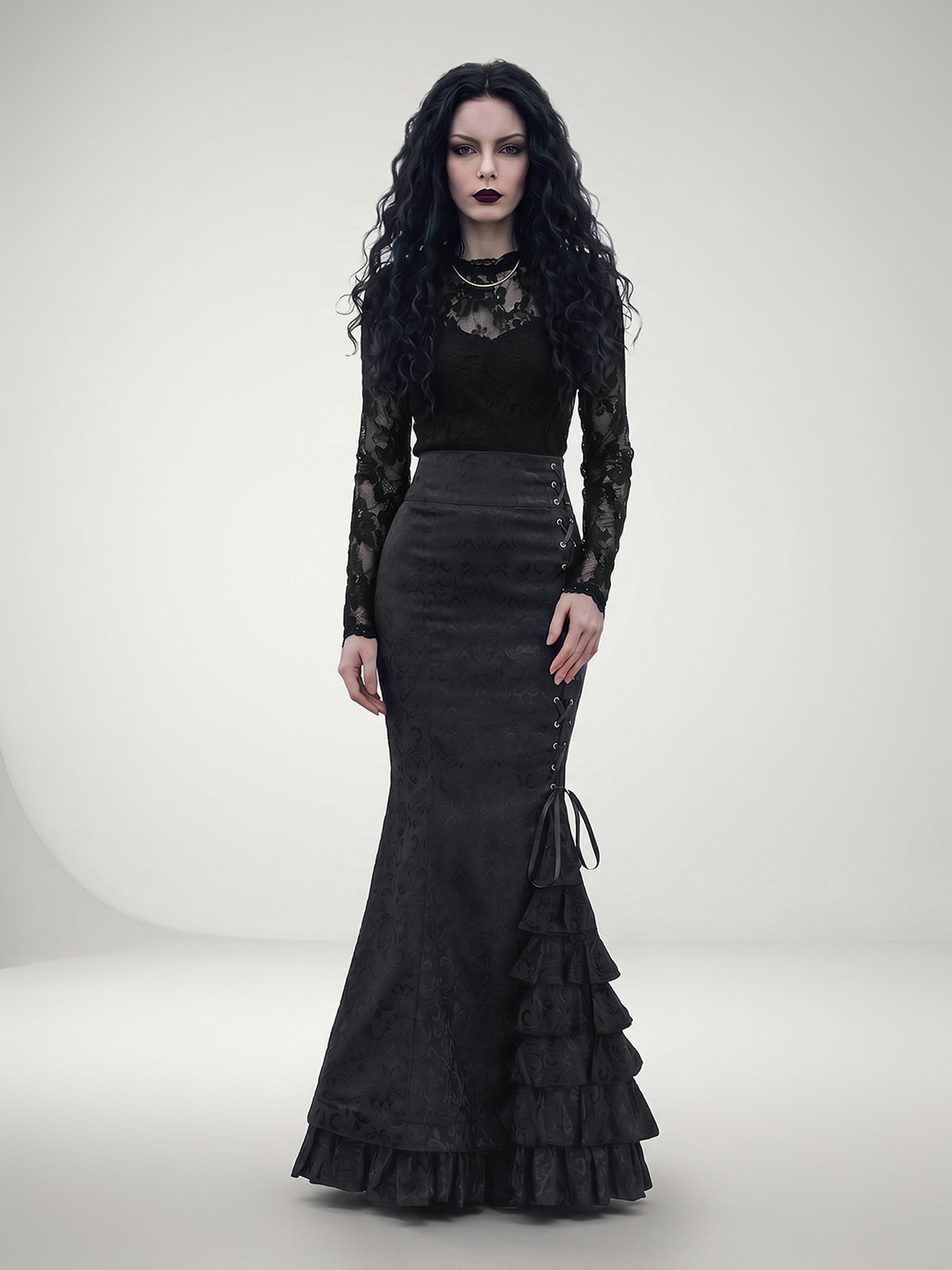 Gothic-Style Vintage Floral Fitted Mermaid Skirt