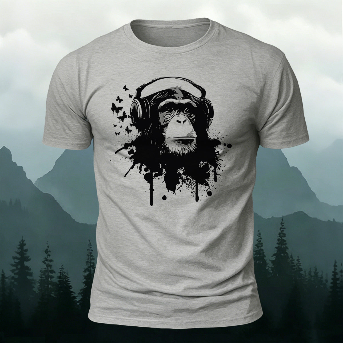 Gorilla Headphones Print Casual Cotton T-Shirt Grey