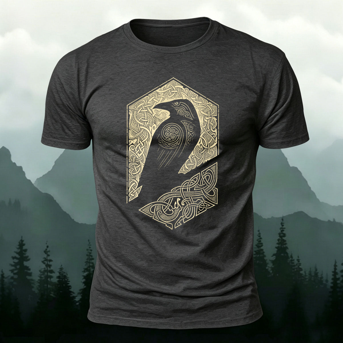 Bird Pattern Mountain-Style Comfortable Casual T-Shirt Dark grey