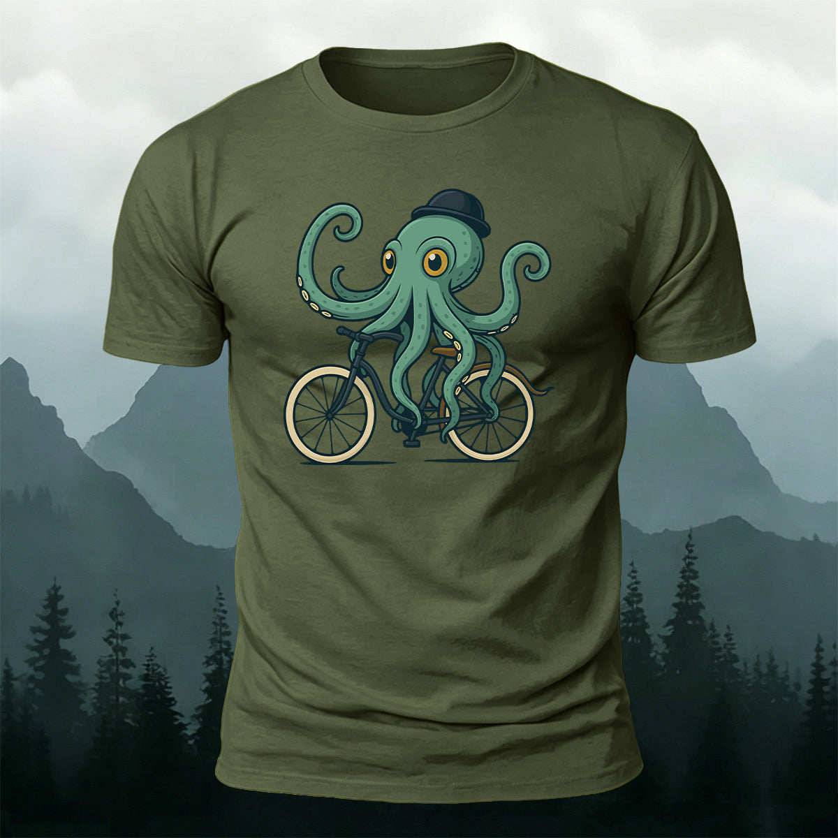 Green Fisherman's Cap Octopus Cycling Print Cotton T-Shirt