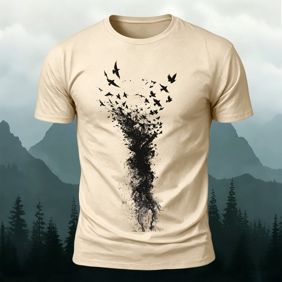 Flying Bird Graphic Casual Breathable Crew Neck Tee Beige
