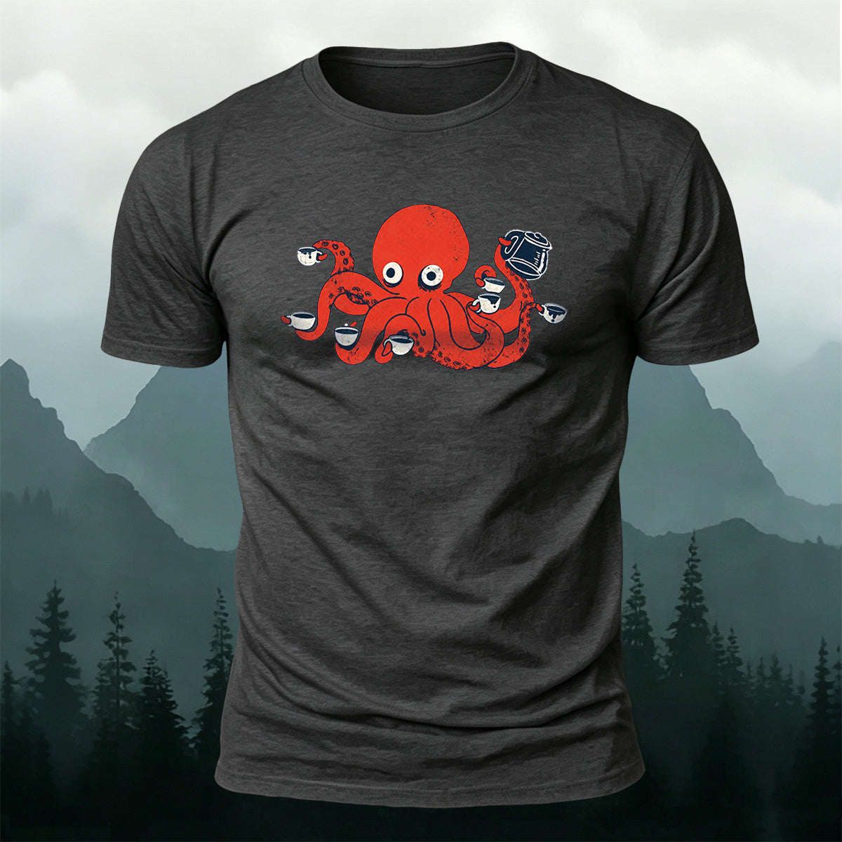 Cartoon Red Octopus Eating Print Comfortable Cotton Tee