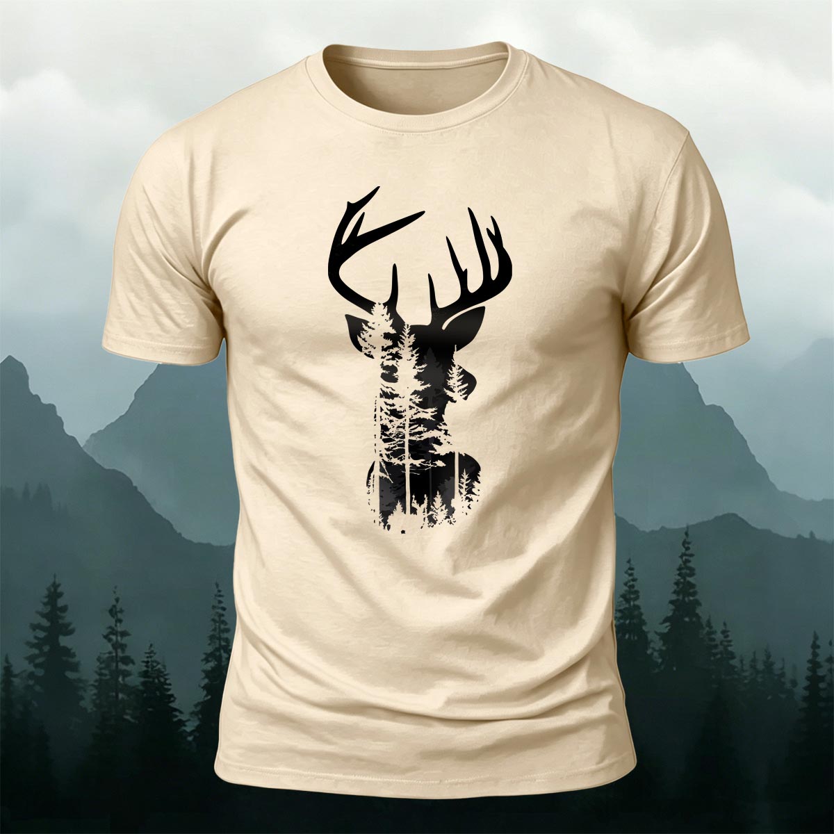 Moose Forest Print Natural Skin-Friendly T-Shirt