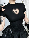 Dark Cross Hollow-out Slim-fit Cropped T-shirt