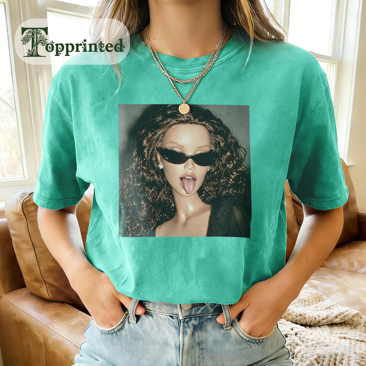 MEME Tongue Out Print Washed Cotton Crew Neck T-Shirt