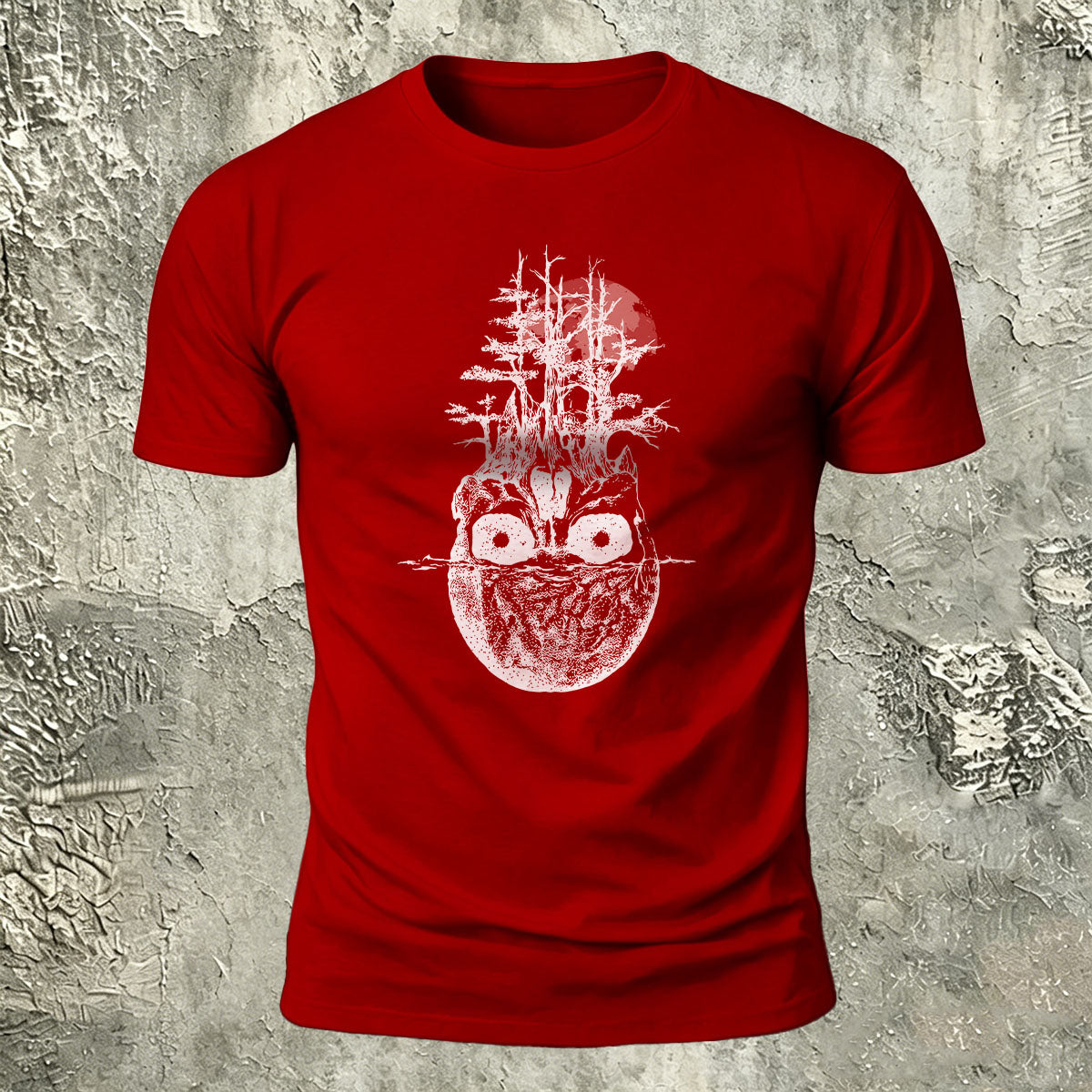 Withered Forest Skull Print Cotton Crew Neck T-Shirt Red