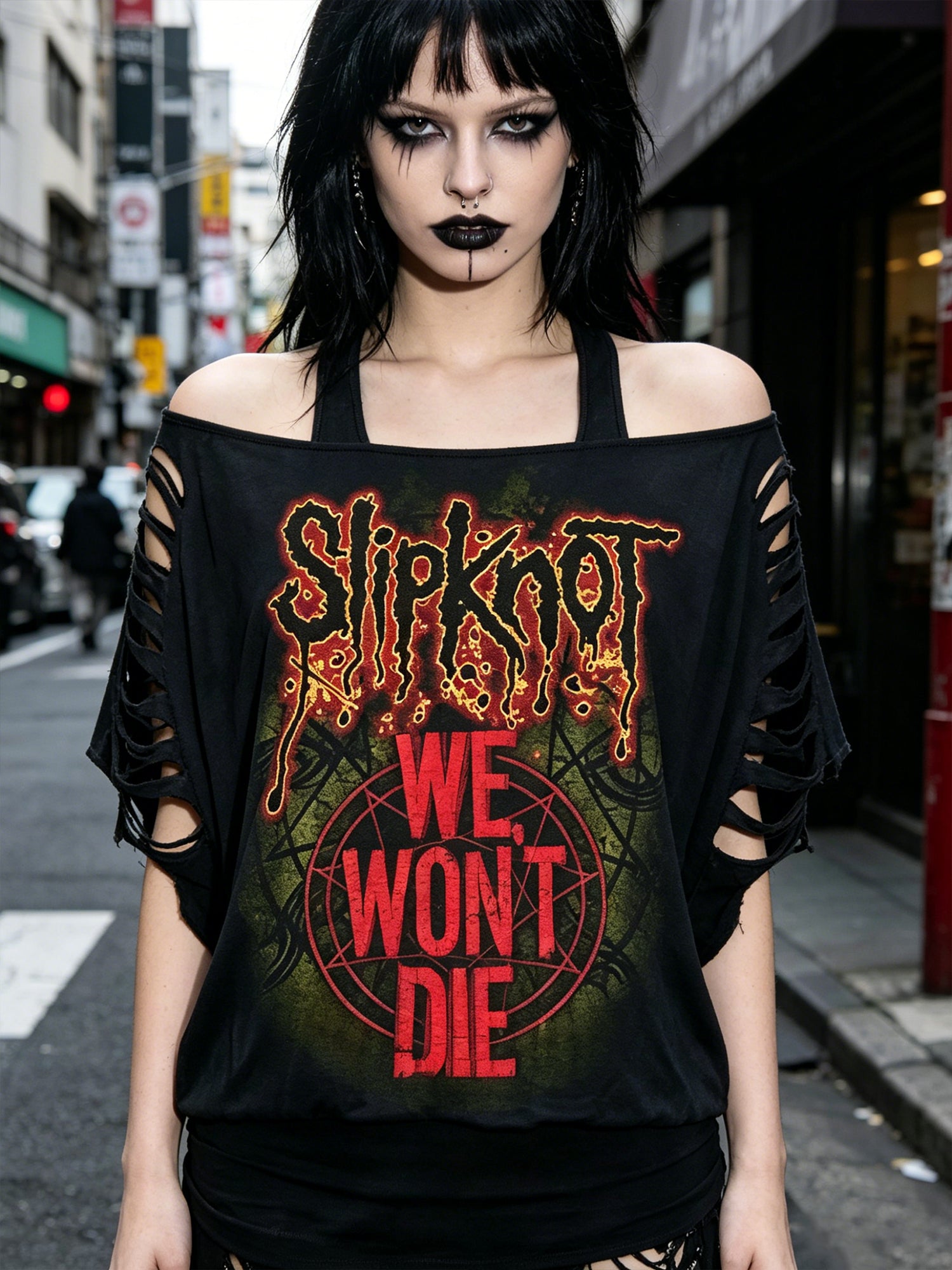 Black Short Loose-fitting Printed Pullover Top