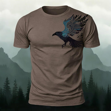 Combed Cotton Viking Raven Tribal Shoulder Graphic Tee