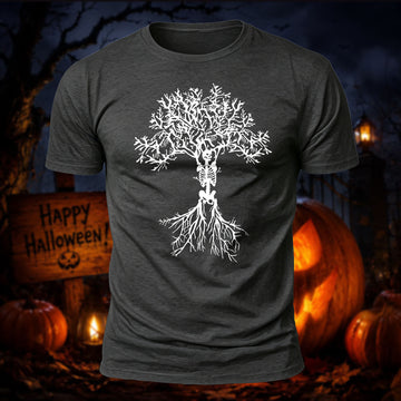 Soft Cotton Skeleton Tree & Roots Halloween Casual T‑Shirt