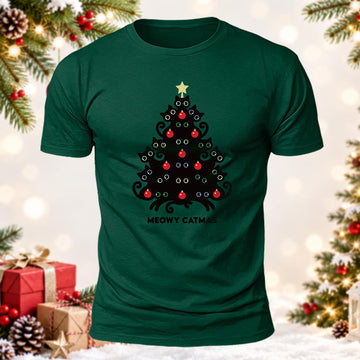 Meowy Catmas Christmas Tree Printed Short Sleeve T-Shirt