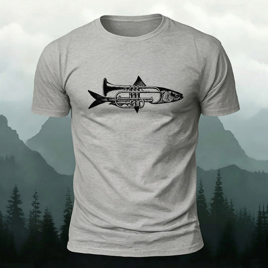 DTG Fish Trumpet Print Casual T‑Shirt