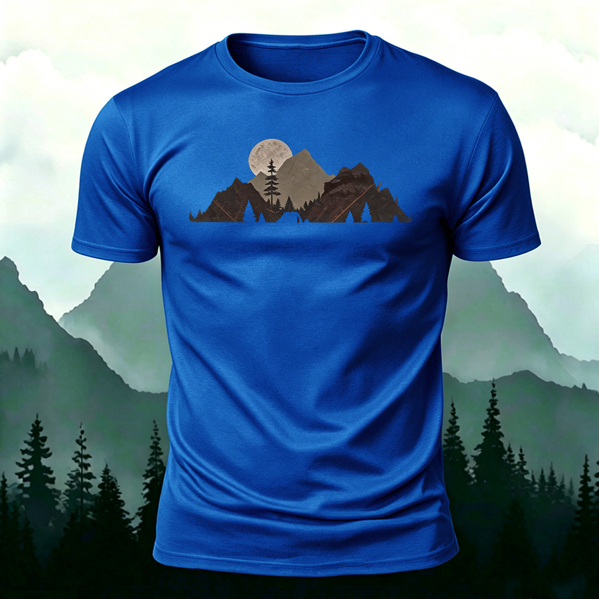 Mountain Landscape Pattern Natural Style Casual T-Shirt Blue
