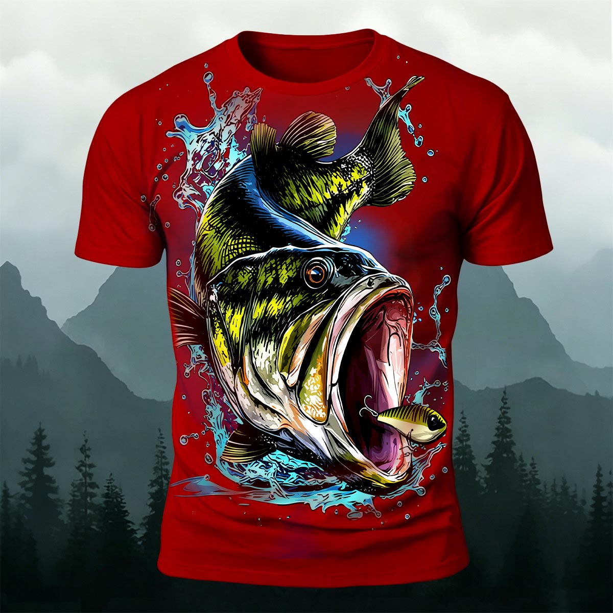 Black Fish Pattern Casual Graffiti Polyester T-Shirt Red