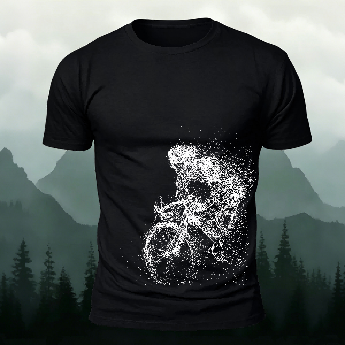 Cycling Pattern Mountain-Style Cotton Casual T-Shirt Black