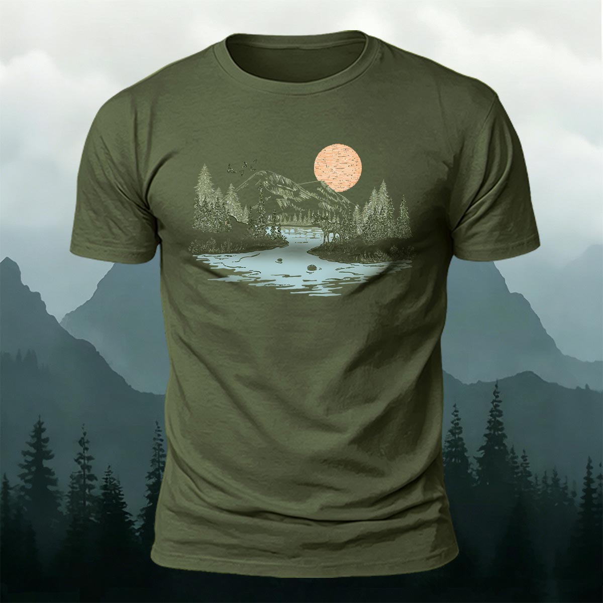 Sunrise Mountain Scenery Illustration Print Casual Cotton T-Shirt