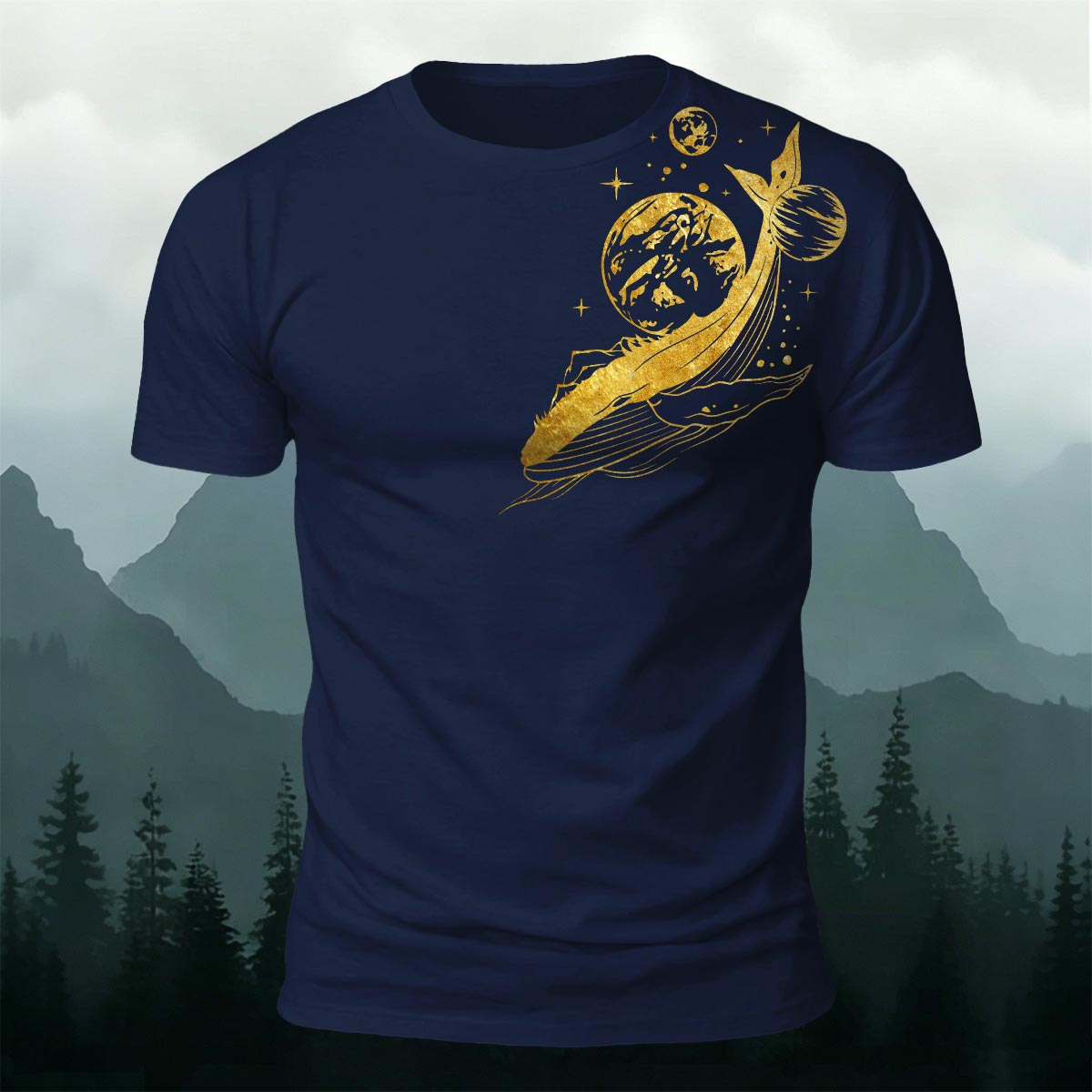Whale and Space Print Casual Cotton T-Shirt Navy