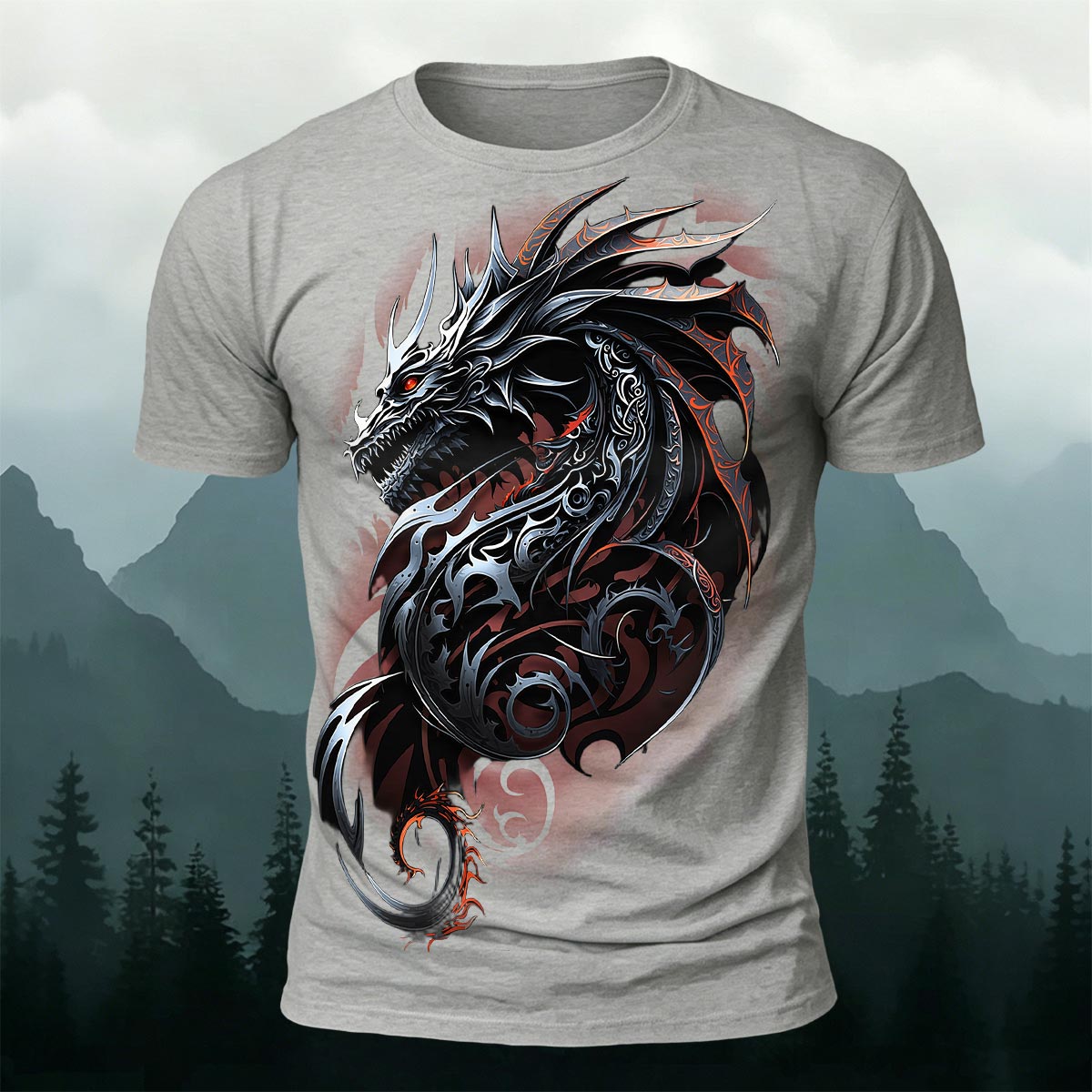 Dark Totem Dragon Print Casual Crew Neck T-Shirt