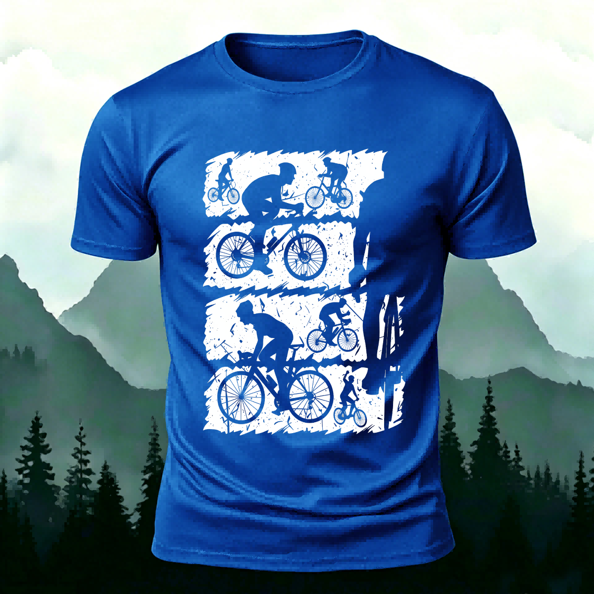 Mountain Bike Print Outdoor Style Soft Cotton T-Shirt Blue