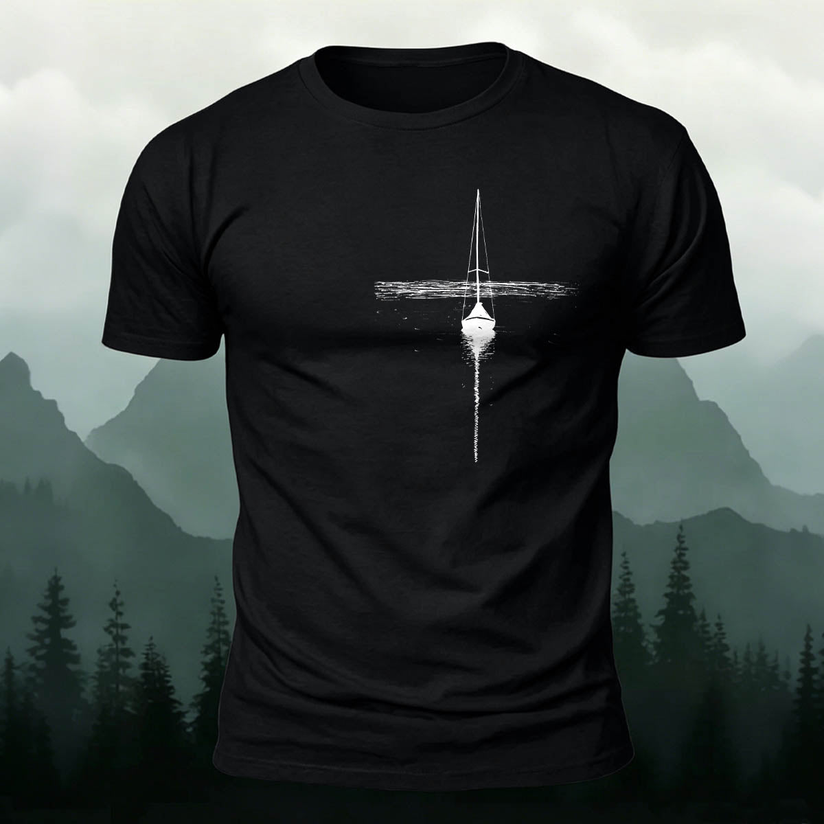 Silhouette of a Lonely Fishing Boat Print  Cotton T-Shirt