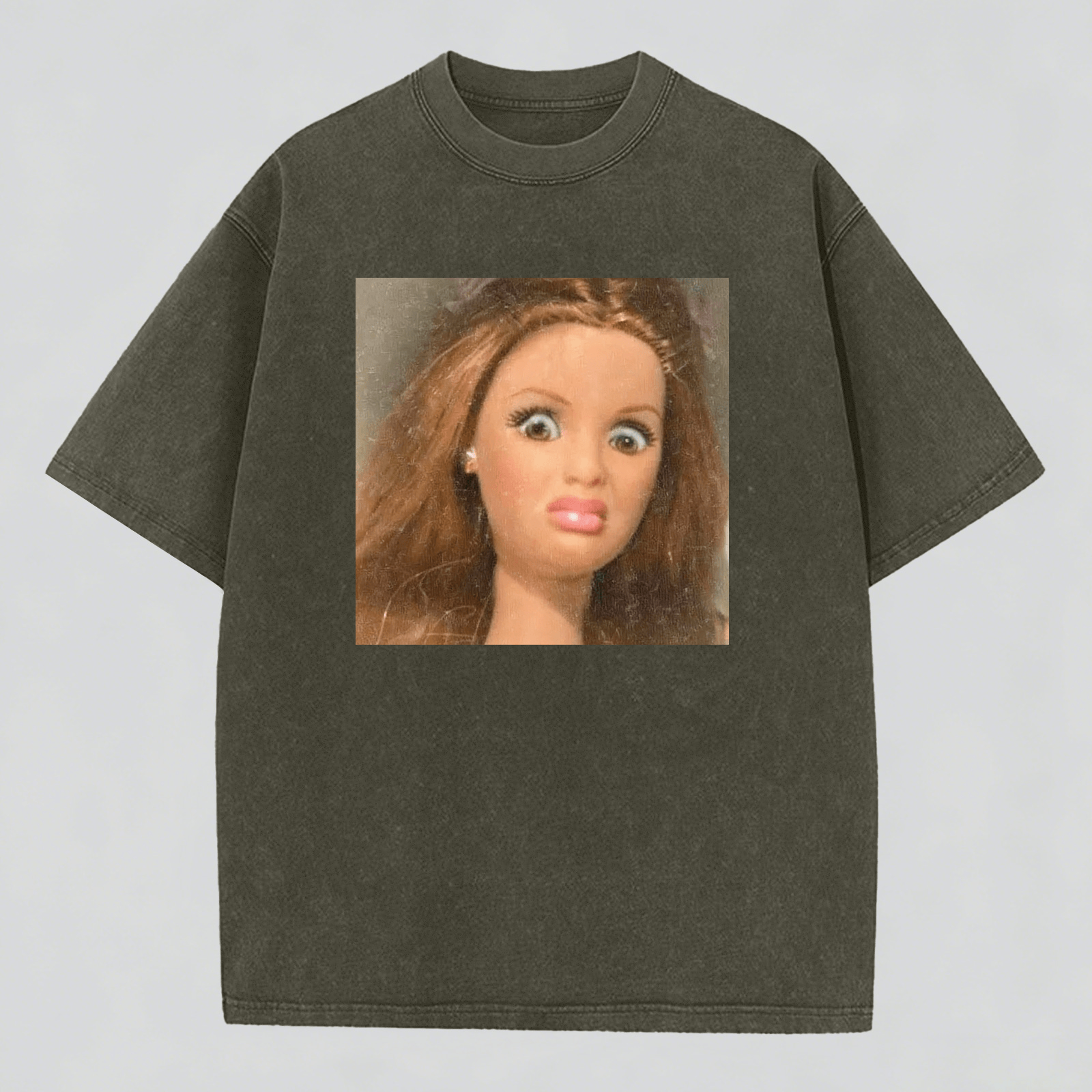 Disdainful Face Print Washed  Cotton Crew Neck T-Shirt