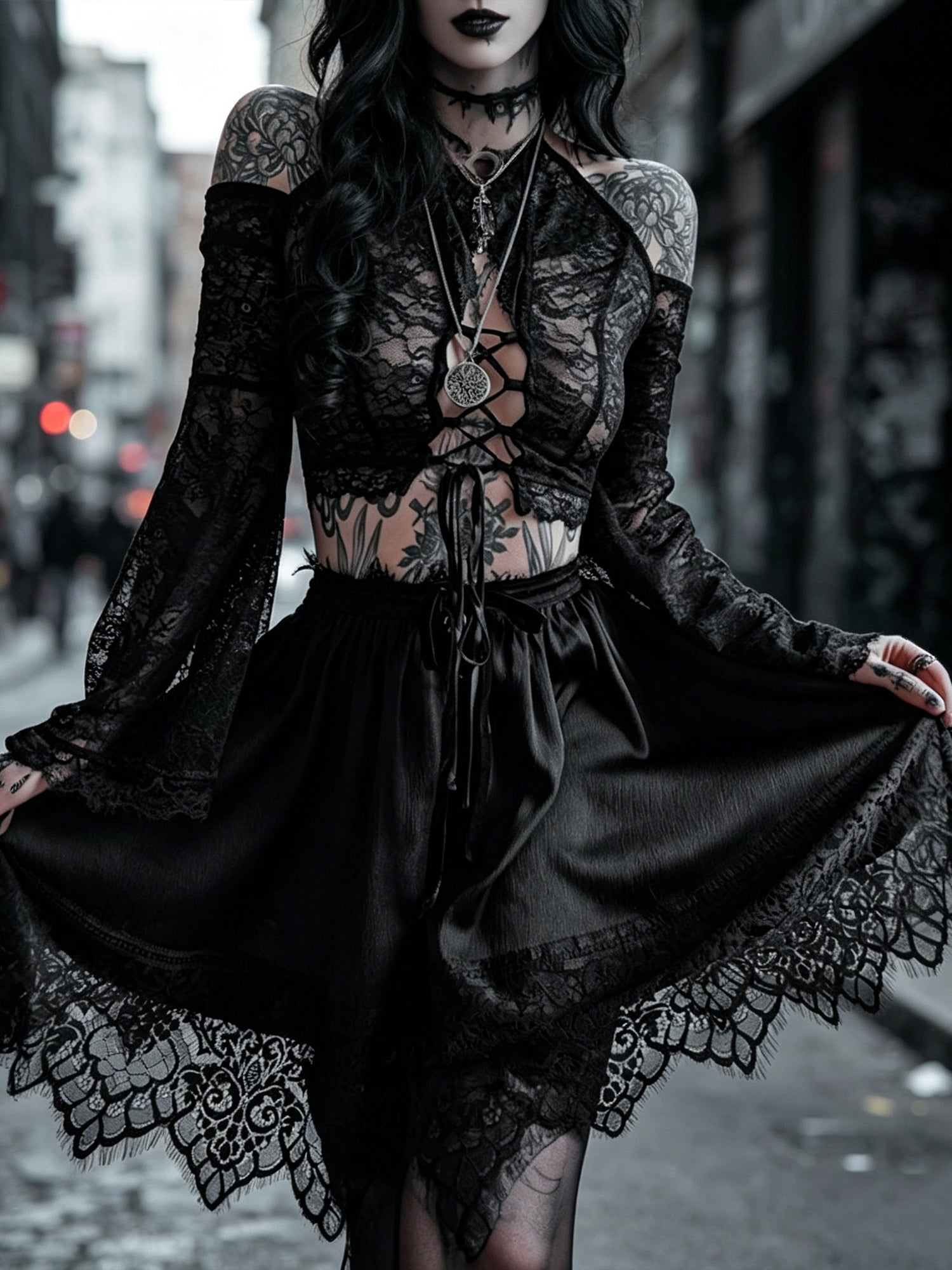 Dark-style Lace-up Flare Long-sleeve Sexy Top