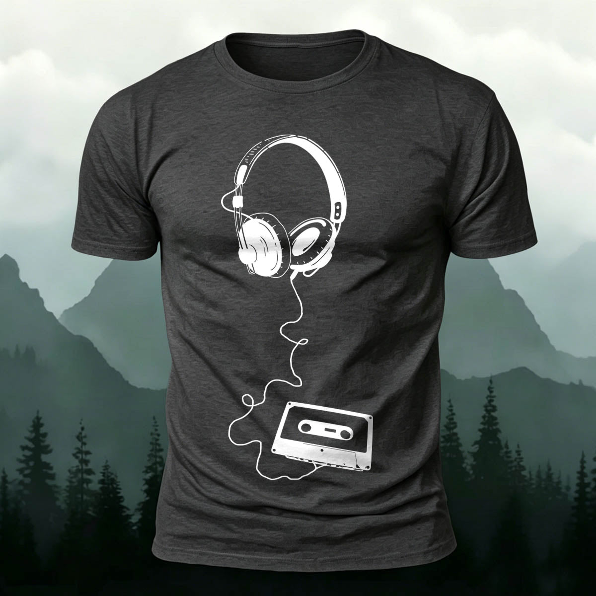 Vintage Headphones Music Print Cotton T-Shirt