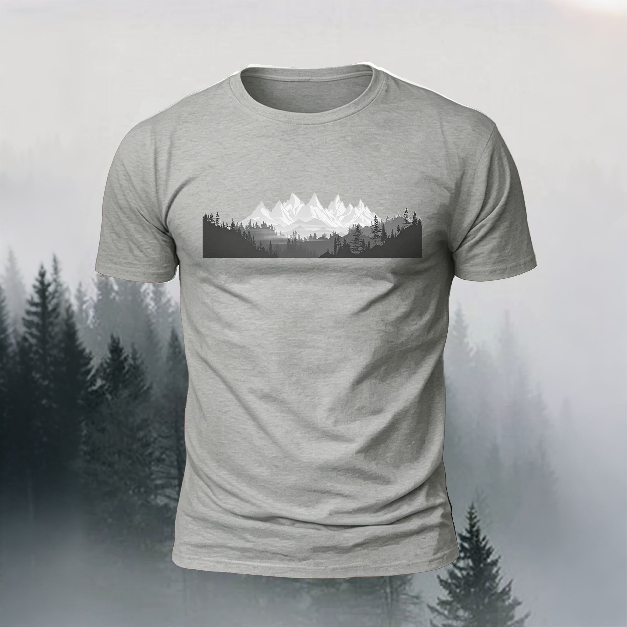 Mountain Forest Print Casual Comfortable T-Shirt Grey