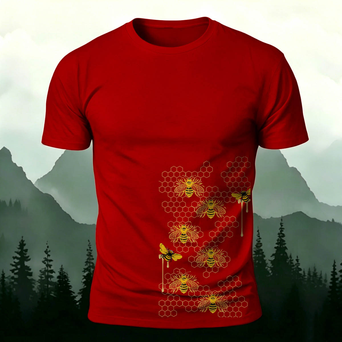 Bees Pattern Natural Casual Premium Cotton T-Shirt Red