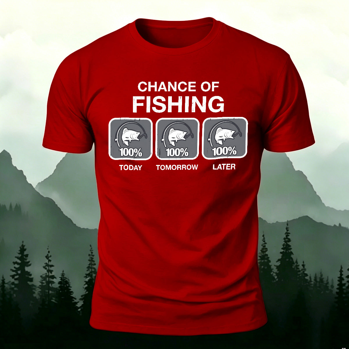 Fun Fishing Printed Casual Skin-friendly T-shirt Red
