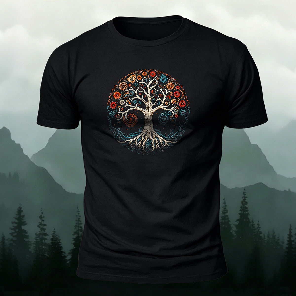 Bloom Tree Print Soft-touch Feel Cotton T-Shirt Black