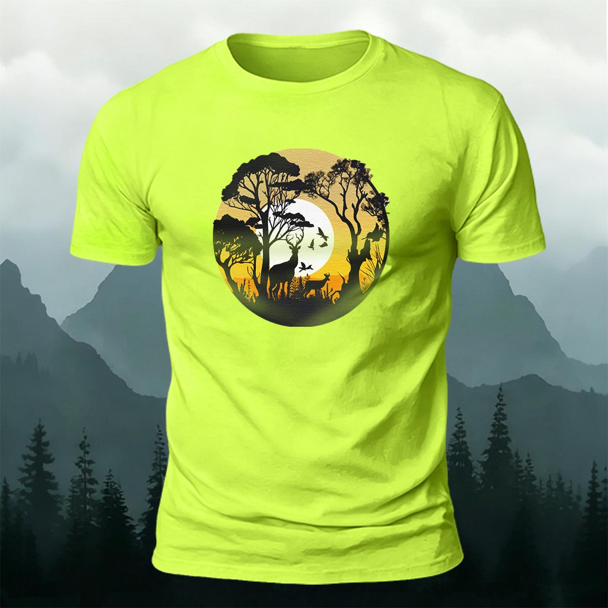 Lone Wolf in the Twilight Forest Printed Cotton Crew Neck T-Shirt