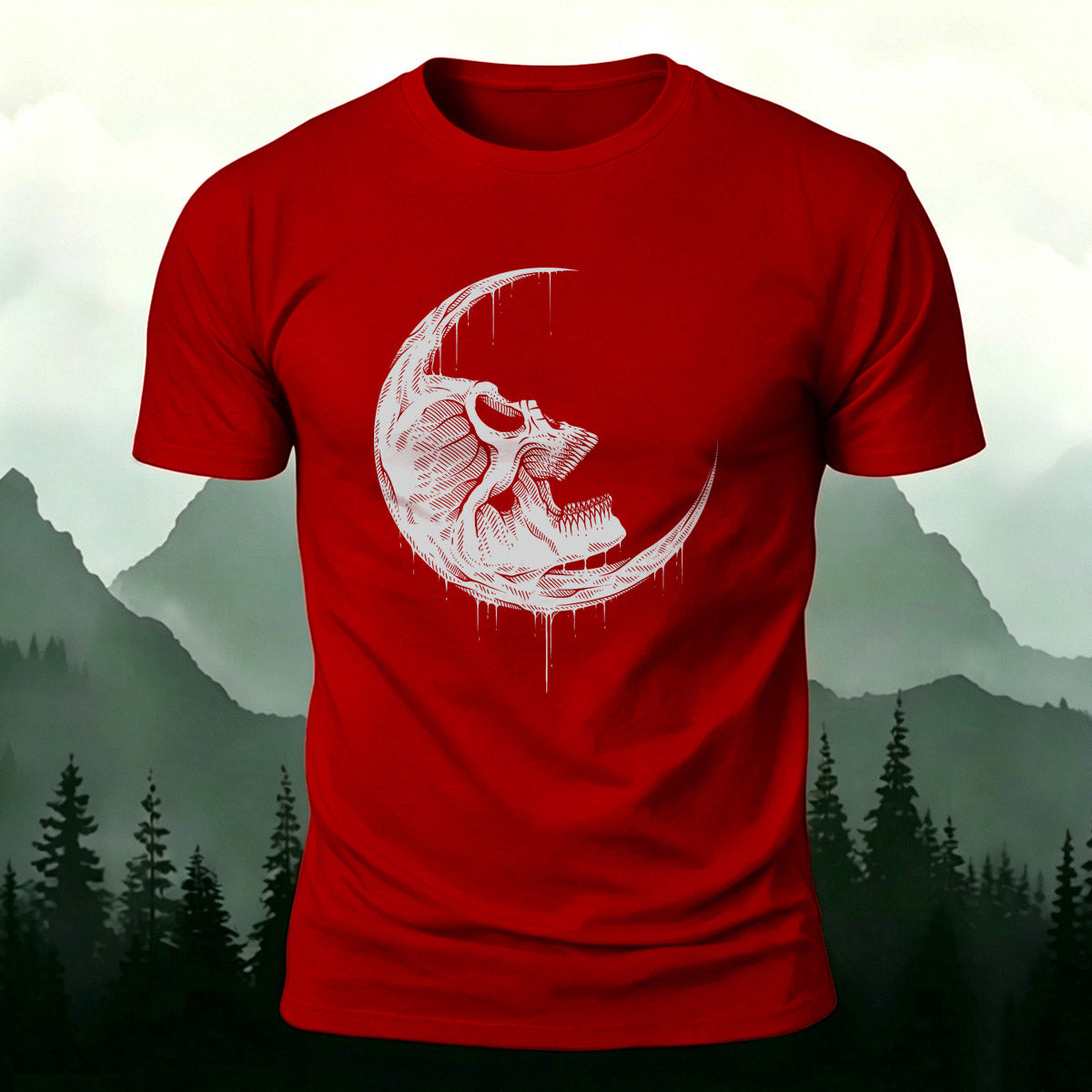 Skull Moon Graphic Trend Premium Cotton T-Shirt Red