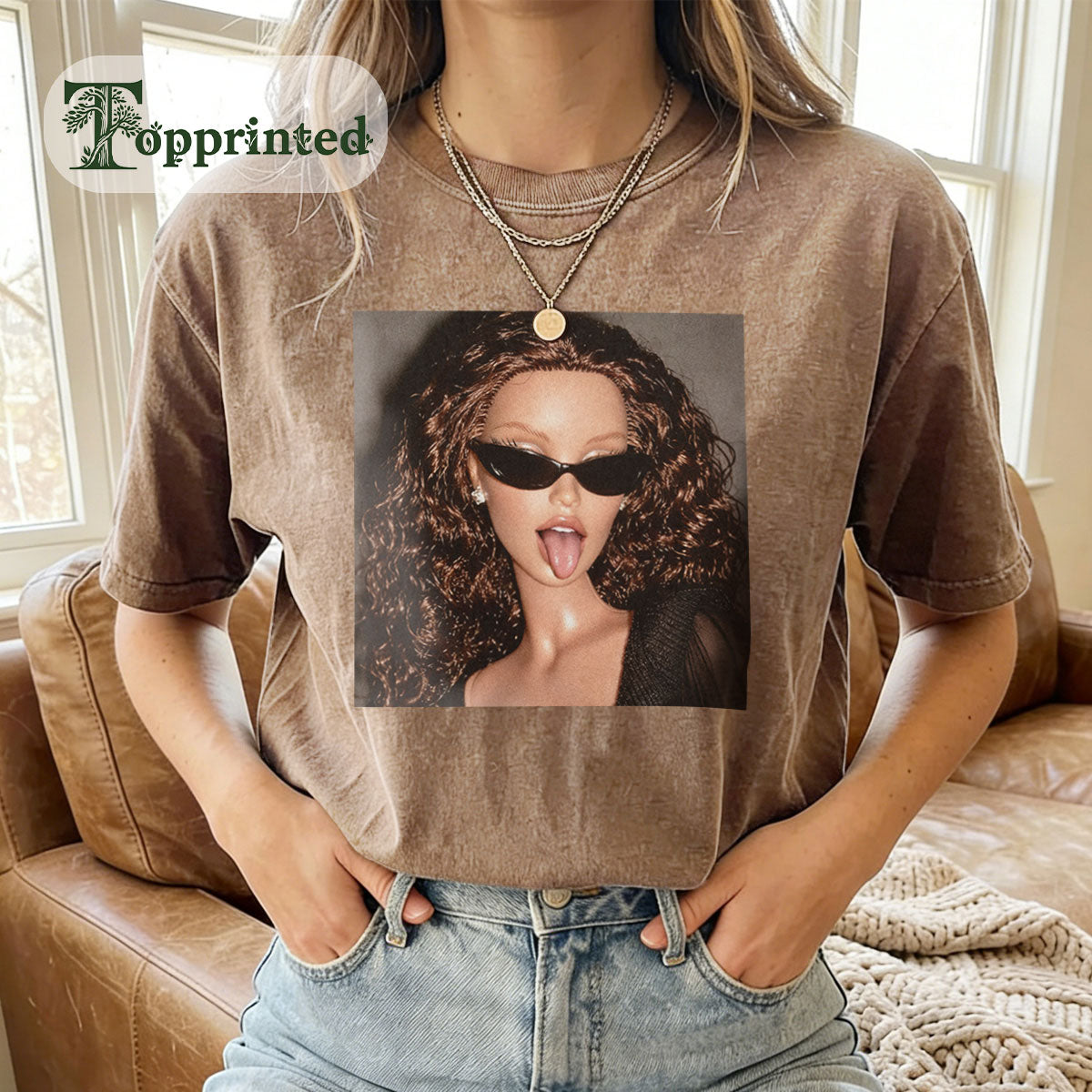 MEME Tongue Out Print Washed Cotton Crew Neck T-Shirt