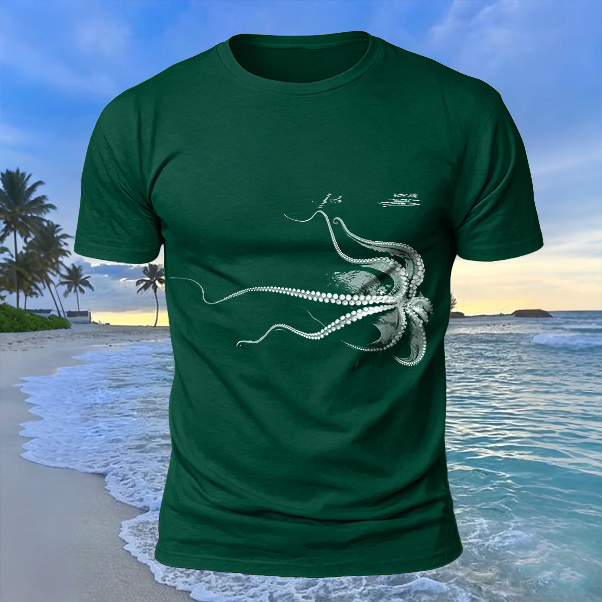 Octopus Silhouette Print Casual Cotton T-Shirt