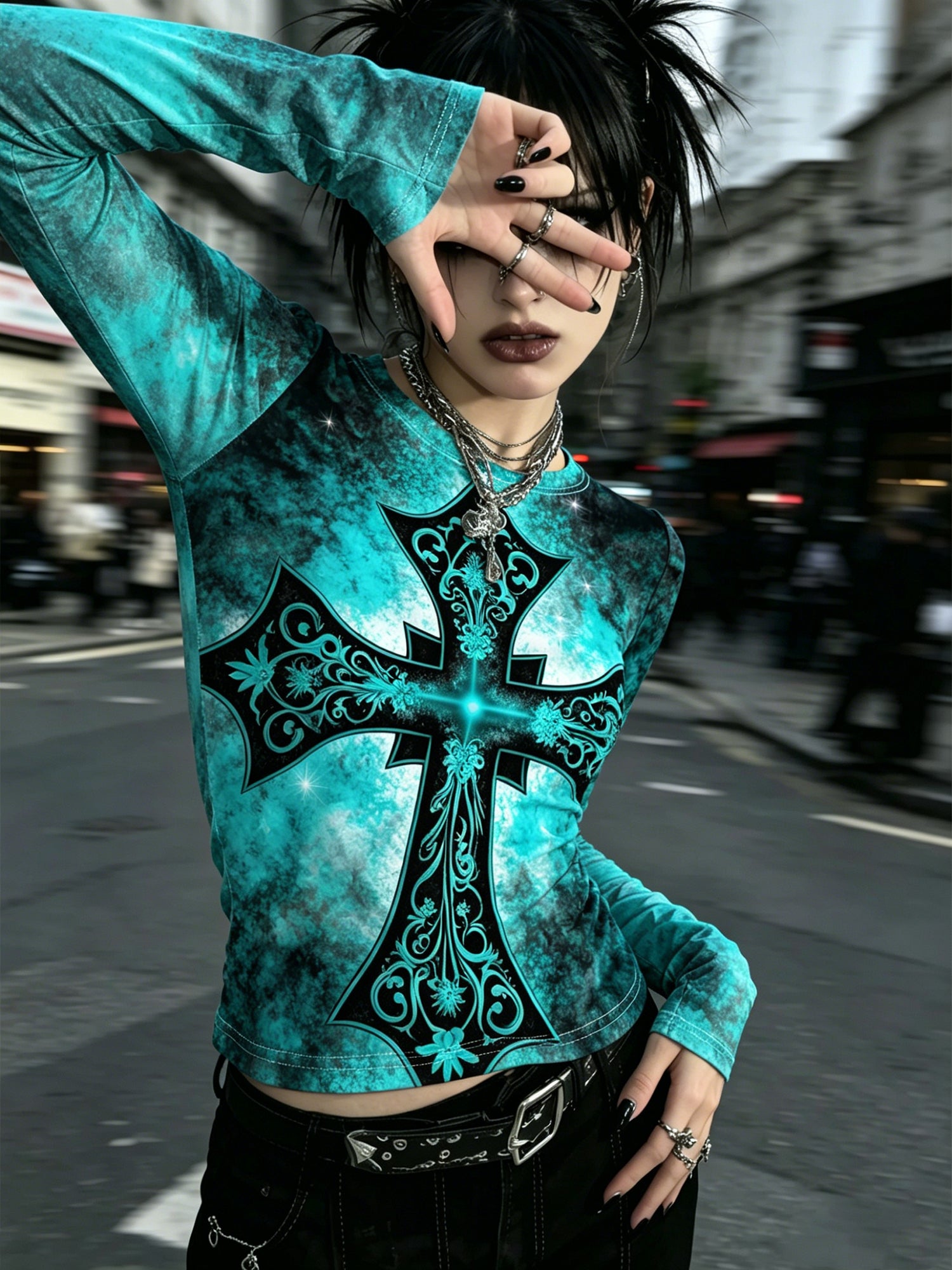 Dark Gothic Round-Neck Winged Retro Long-Sleeve Tee